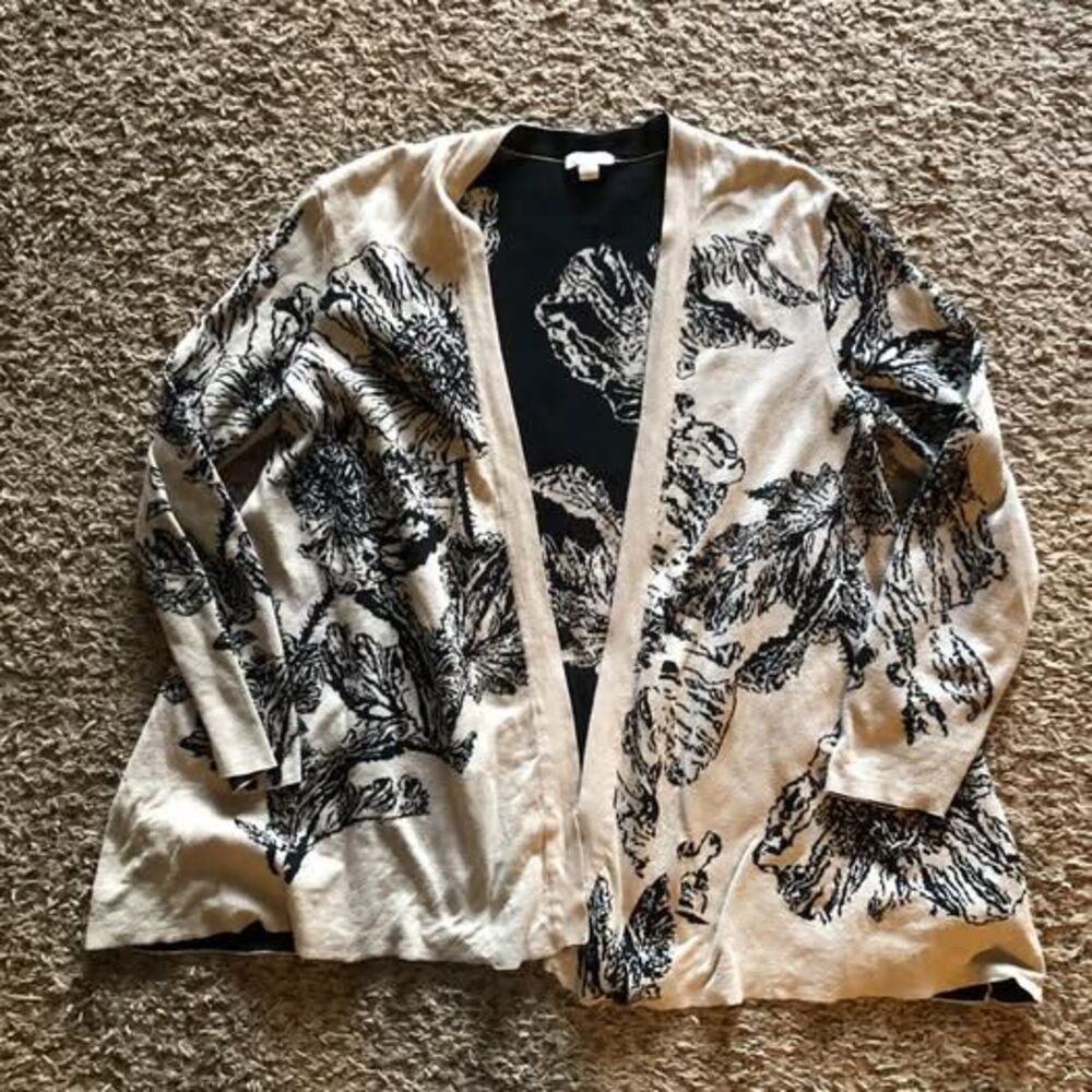 J. Jill Cardigan Sweater Open Front Tan Black Floral Print Womens M 100% Cotton
